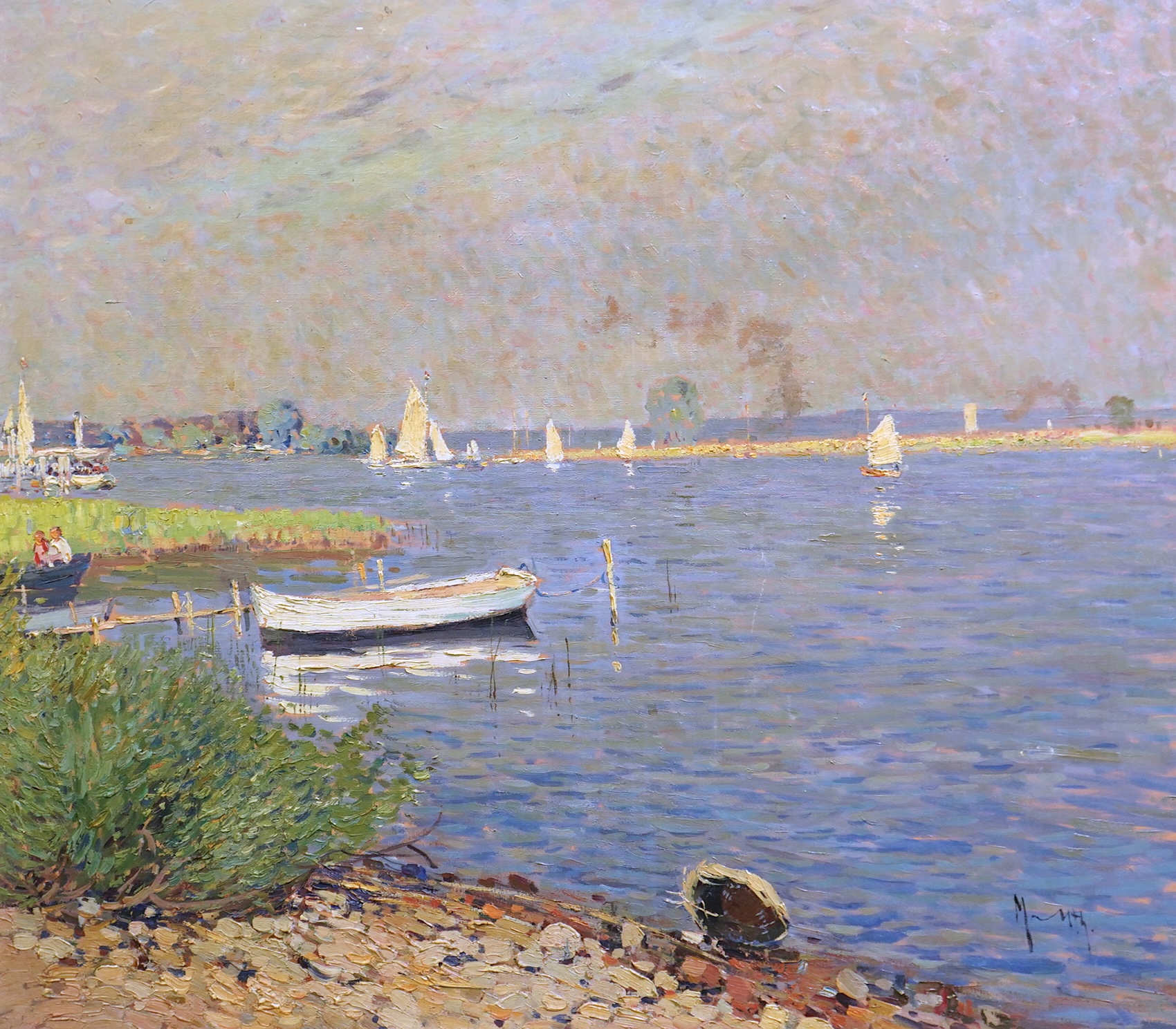 Early 20th century German School , Leisure boats on a lake, oil on canvas, 74 x 84cm